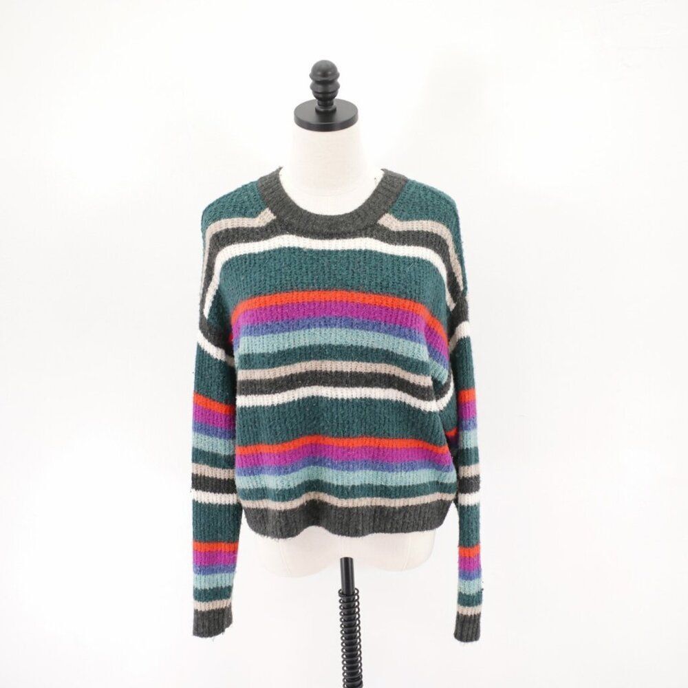 American Eagle Knit Cotton Crew Neck Striped Sweater Medium Green Gray Blue Pink